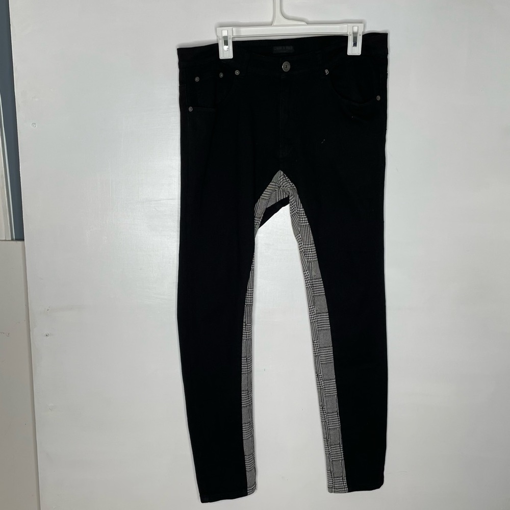 Liquor and Poker mens black skinny jeans with black and white herringbone detail
